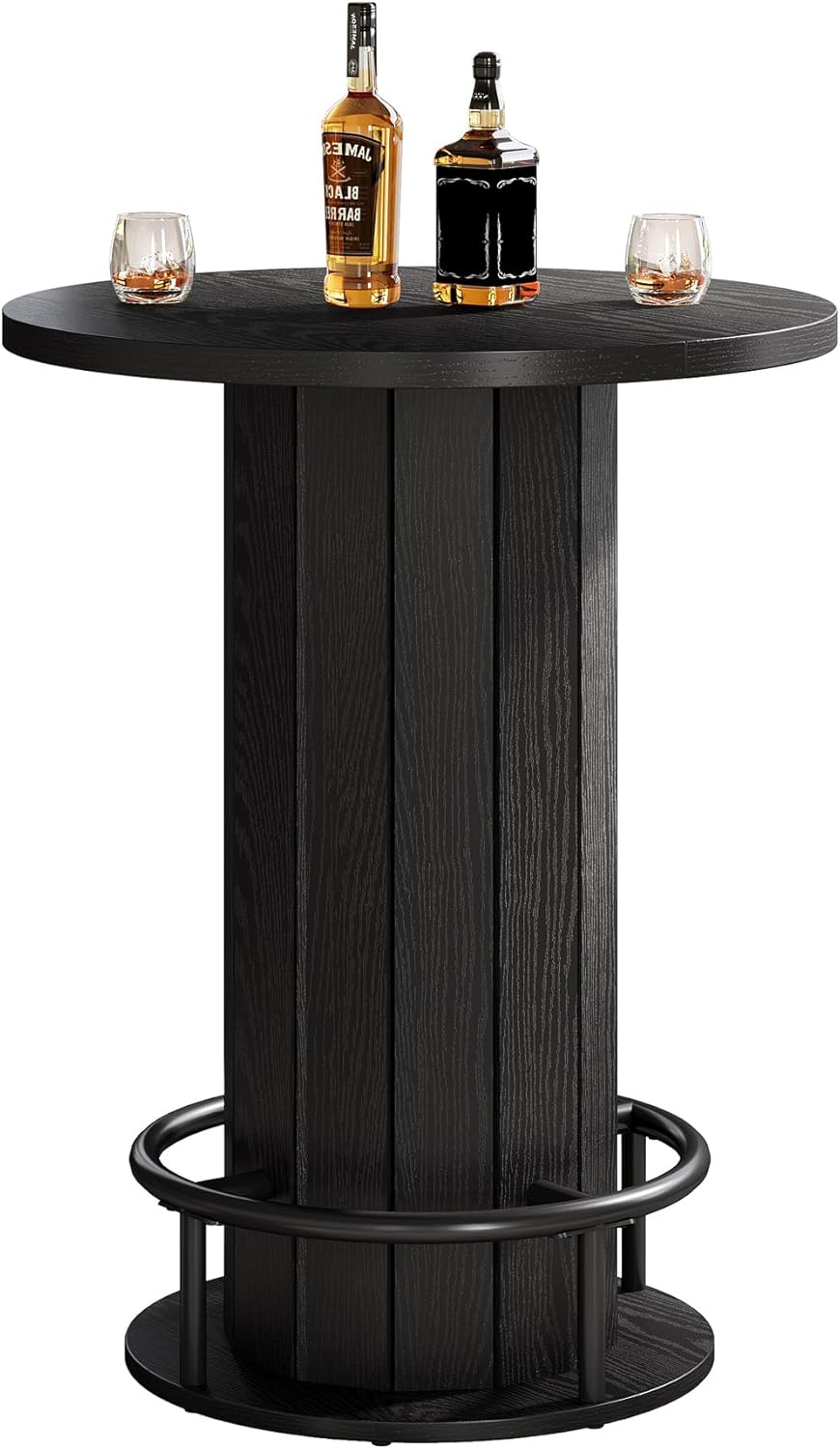 round Bar Table, 39.4" H Wood Bistro Pub Table with Metal Ring Footrest for Dining Coffee Cocktail Living Room, Small Space, Black (Only Table)