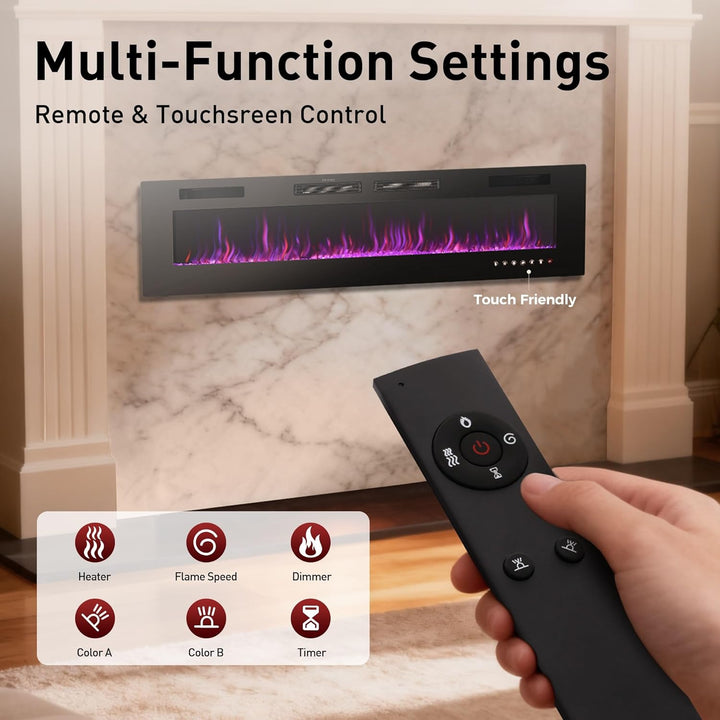 Electric fireplace with remote control and touchscreen display on a marble wall.