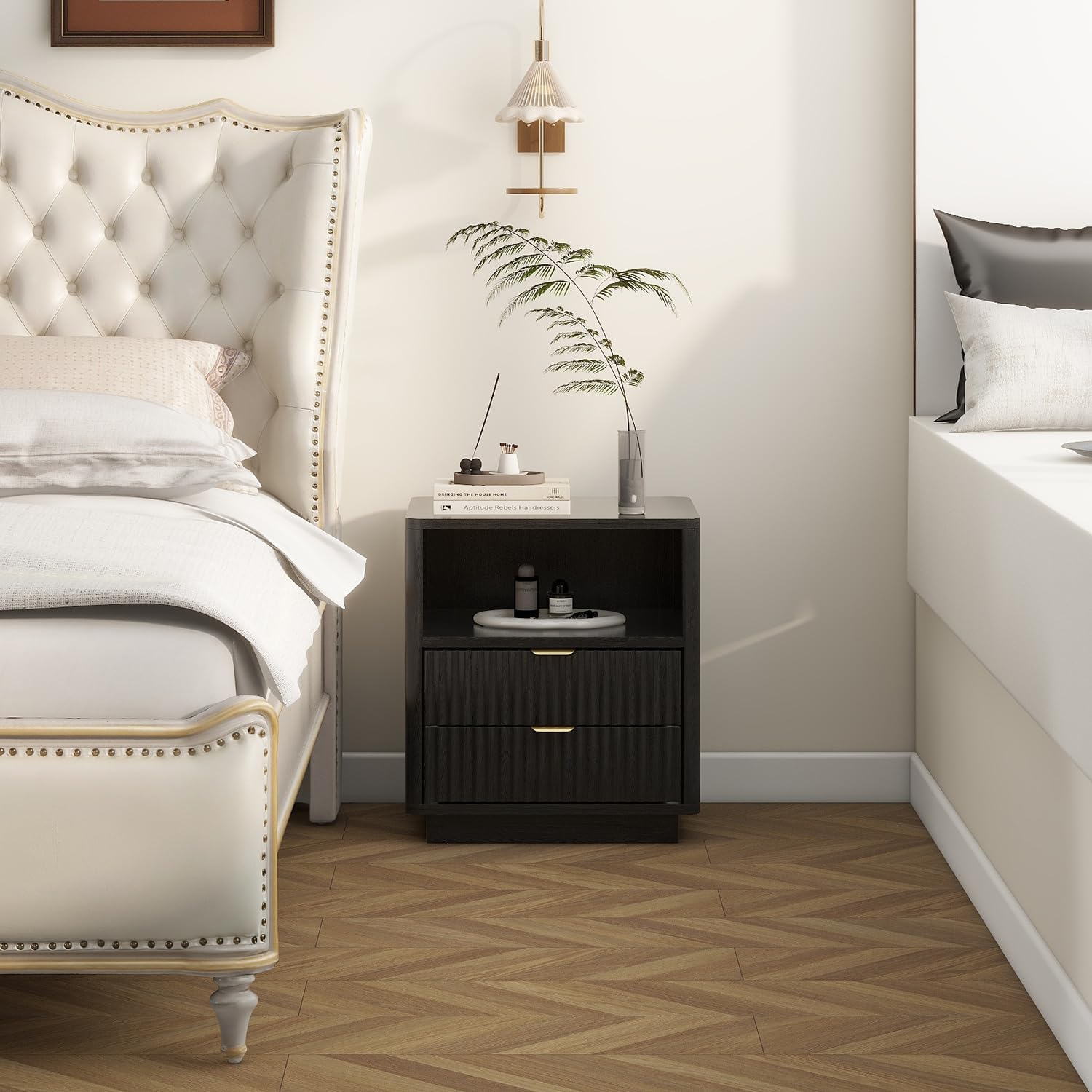 Black Fluted Nightstands Set of 2 with 2 Drawers & Open Shelves