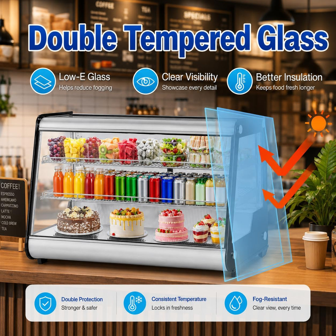 New Commercial Glass Door Refrigerator – Countertop Display Fridge with LED Lighting & Auto-Closing Door