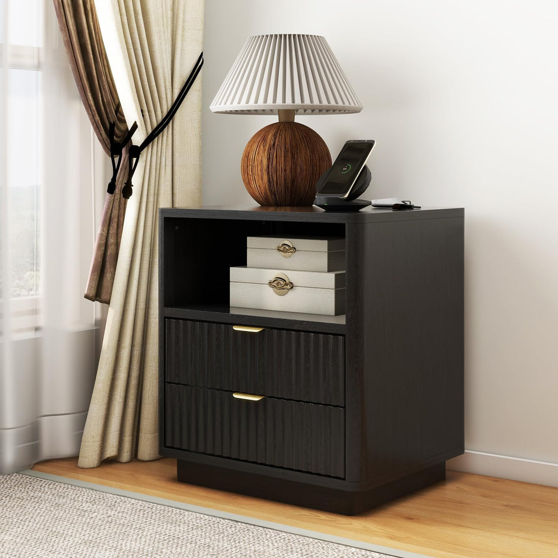 Black Fluted Nightstands Set of 2 with 2 Drawers & Open Shelves