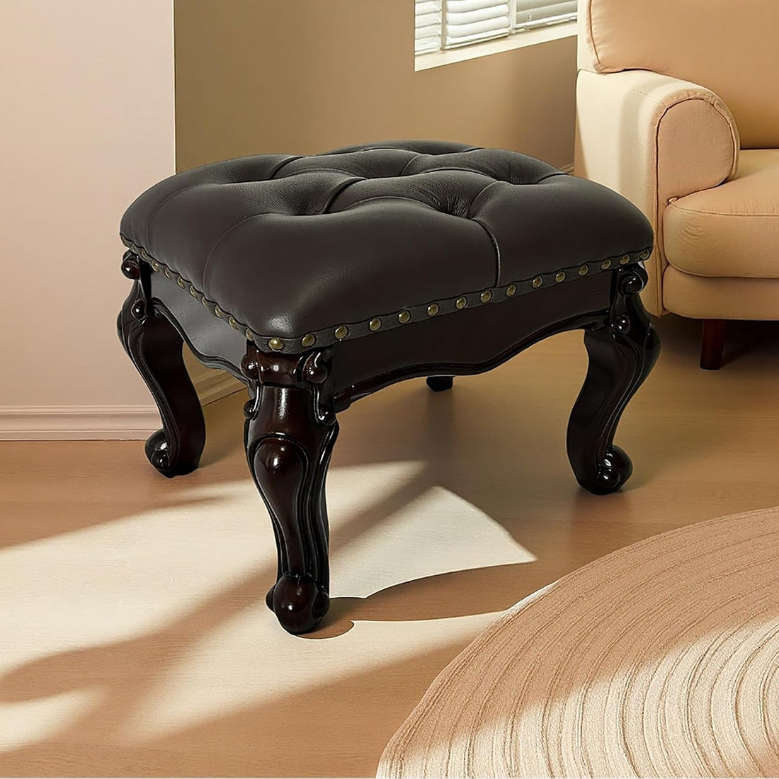 Leather Foot Stool – Small Vintage Ottoman Foot Rest with Wooden Base