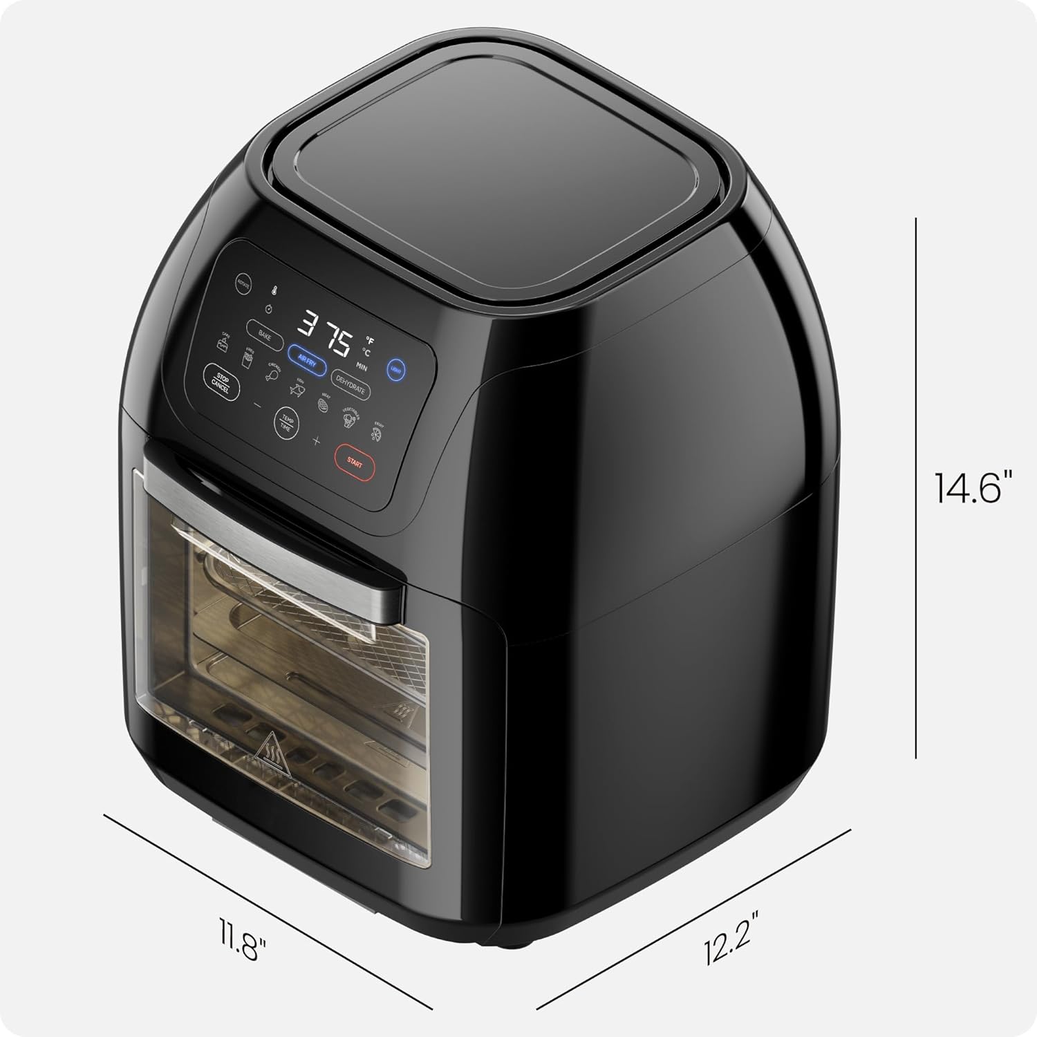 Black air fryer with digital display and dimensions on a white background