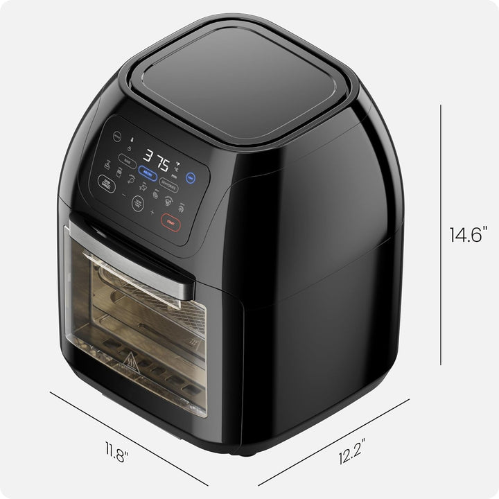 Black air fryer with digital display and dimensions on a white background
