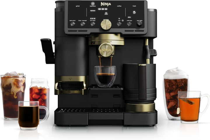 Ninja coffee maker with various coffee beverages on a white background
