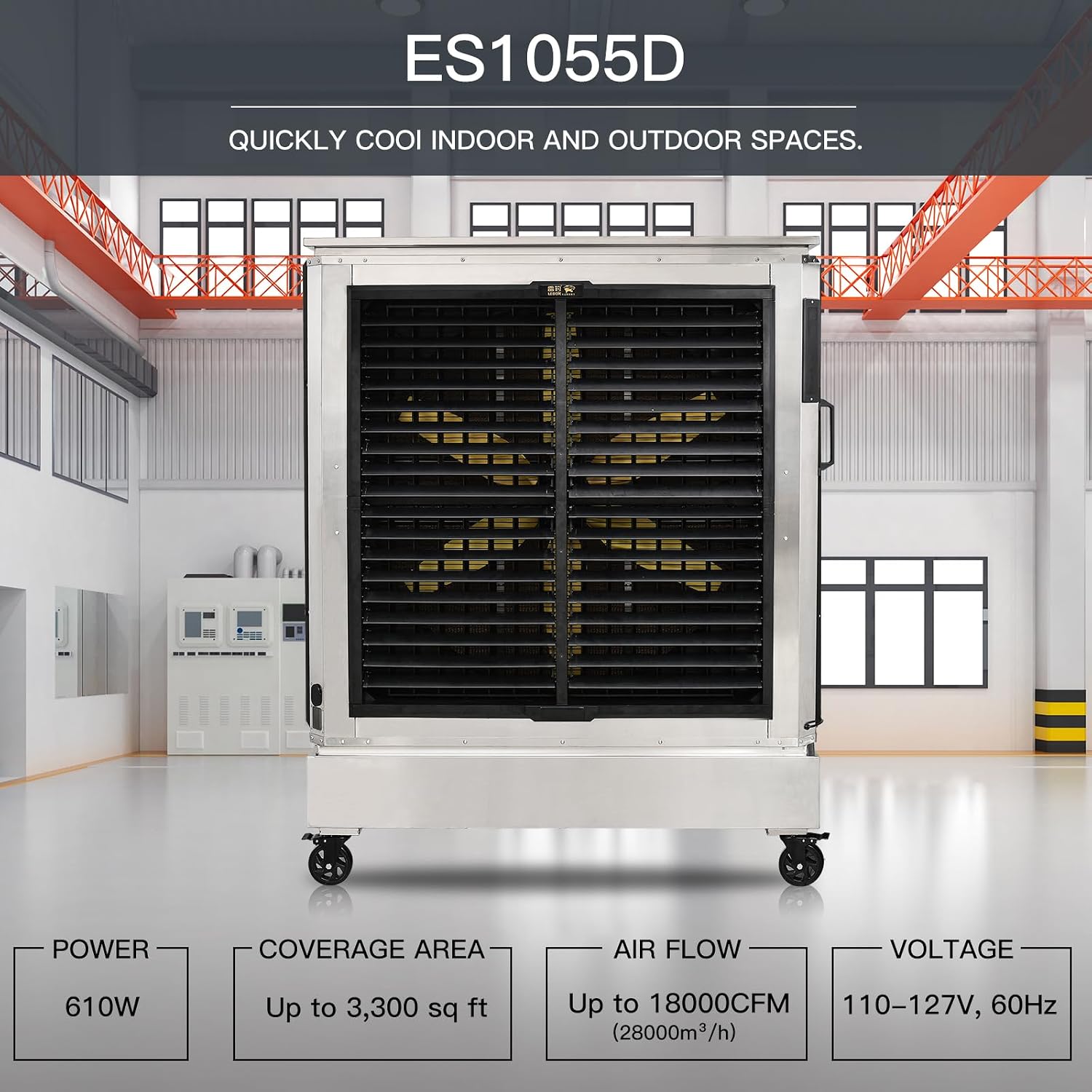 A large industrial evaporative cooler labeled ES1055D, shown in a bright warehouse setting. The unit has a white exterior, black front grille, and caster wheels.