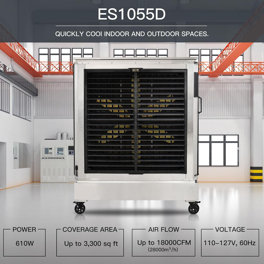 A large industrial evaporative cooler labeled ES1055D, shown in a bright warehouse setting. The unit has a white exterior, black front grille, and caster wheels.