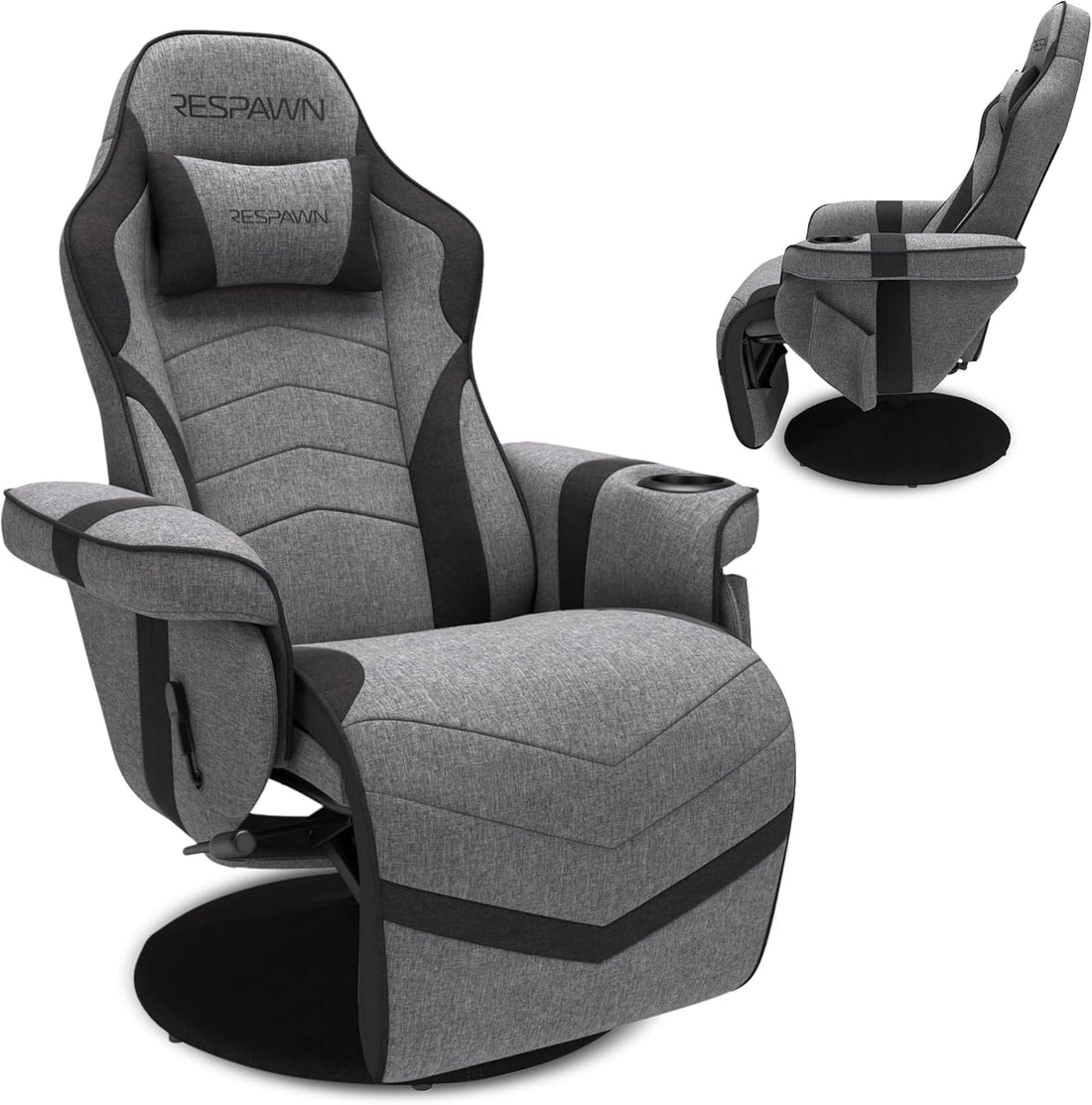 Gray gaming chair with black accents and 'Respawn' branding on a white background