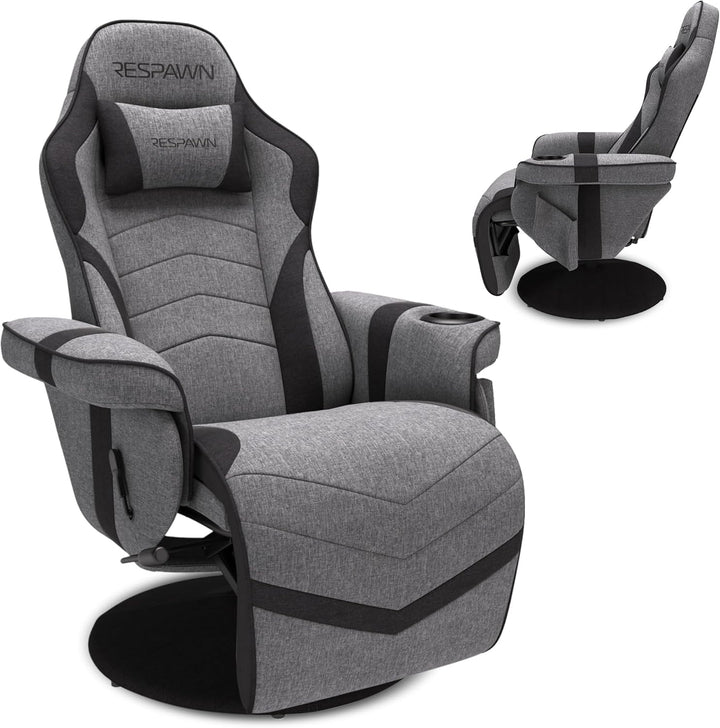 Gray gaming chair with black accents and 'Respawn' branding on a white background
