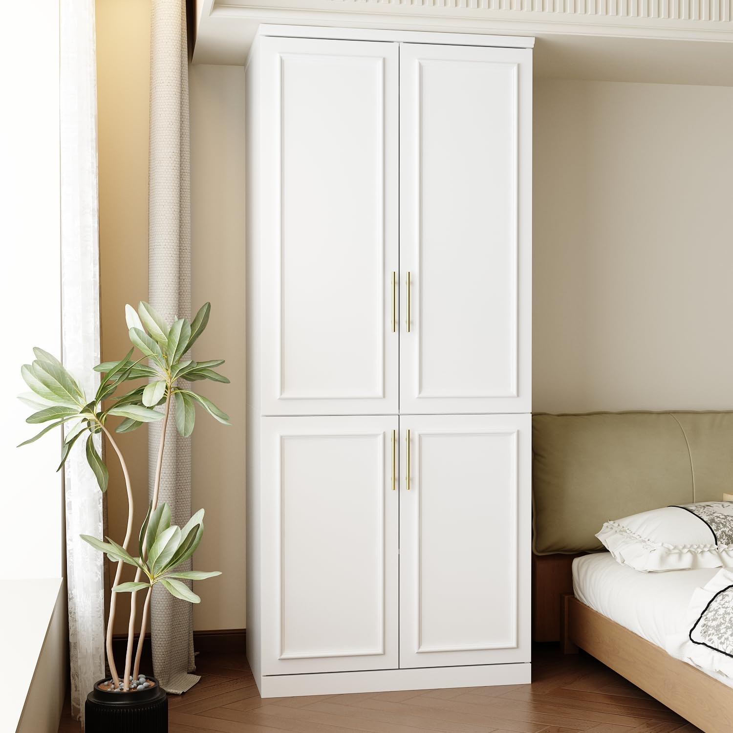 New home Wardrobe Closet Collection with Doors – Modern White Bedroom Armoire with Gold Handles