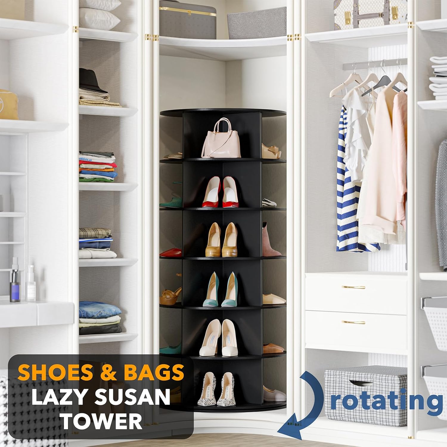 Premium Black  Designed 6-Tier Spinning Shoe Bag Organizer