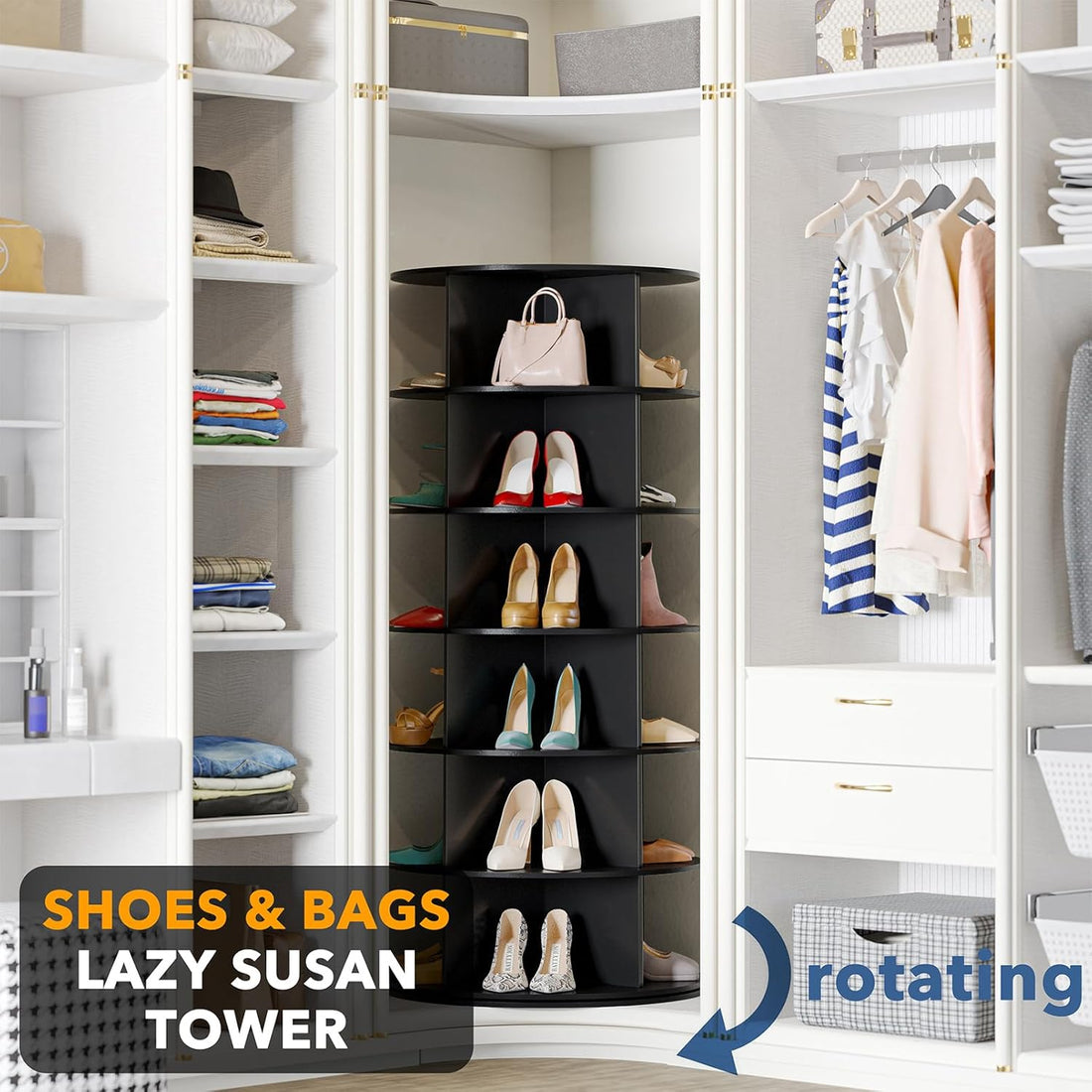 Premium Black  Designed 6-Tier Spinning Shoe Bag Organizer