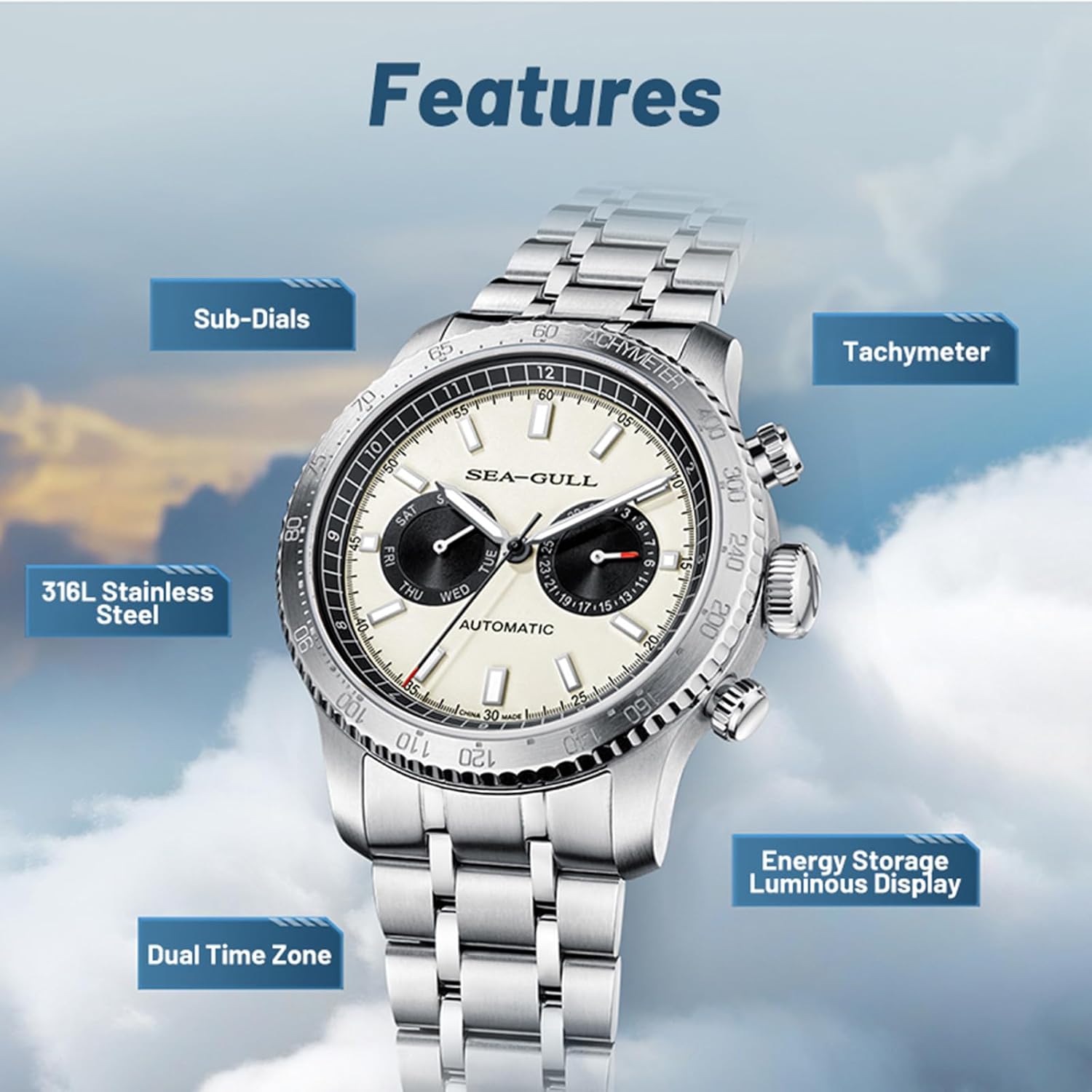 Mens Dual Calendar Automatic Wristwatch