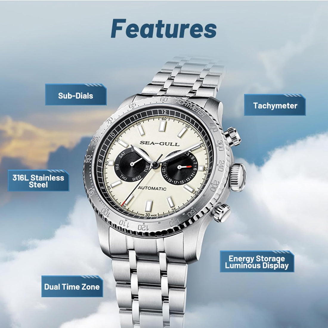 Mens Dual Calendar Automatic Wristwatch