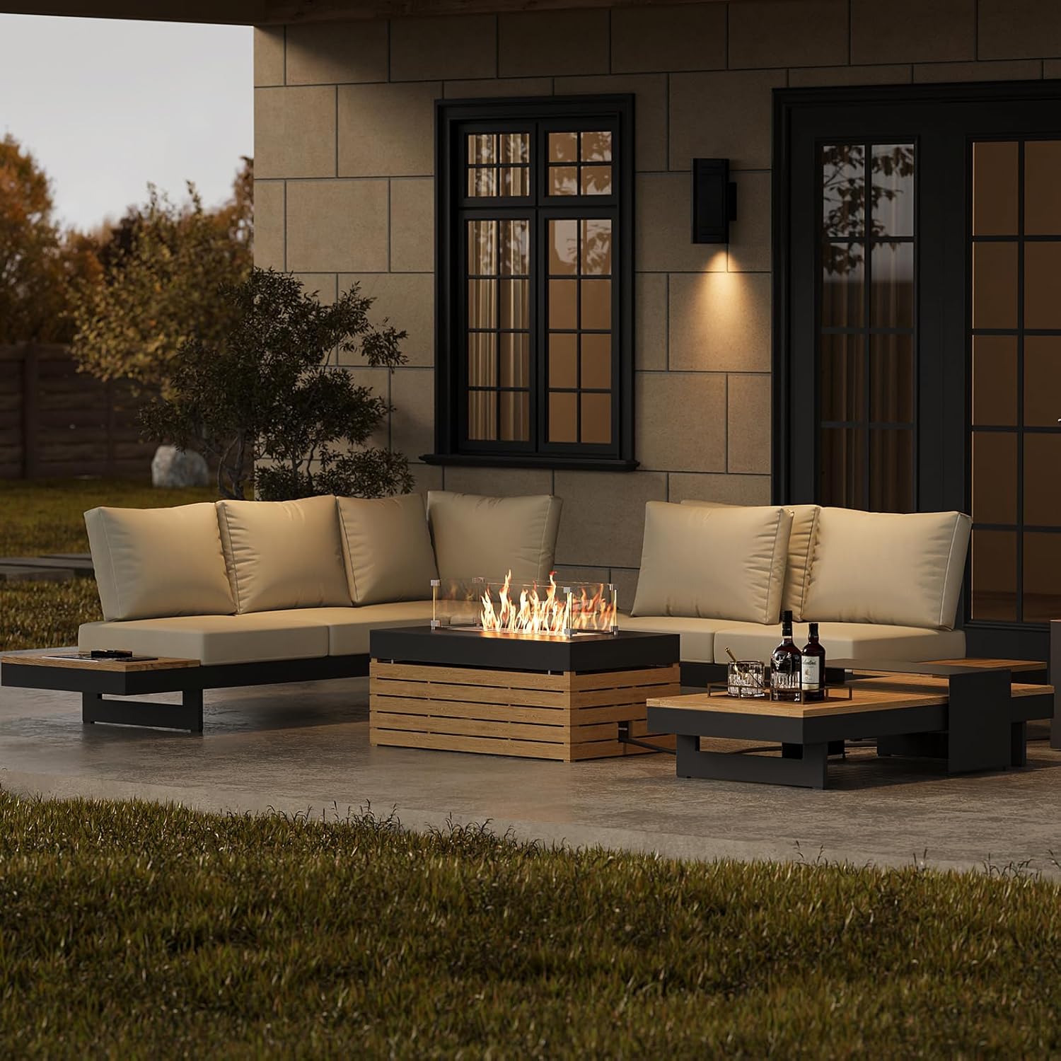 Modular Outdoor Conversation Set with Fire Pit – Aluminum & Teak Patio Sofa Set