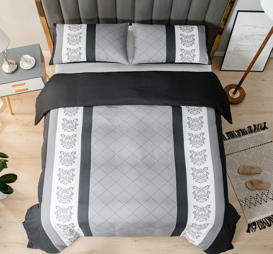 LAZZARO Double Bedding Duvet Cover Sets 3 Pcs with Zipper Closure + 2 Pillowcases - Ultra Soft Hypoallergenic Microfiber Quilt Covers Sets 200X200Cm Black/White/Grey