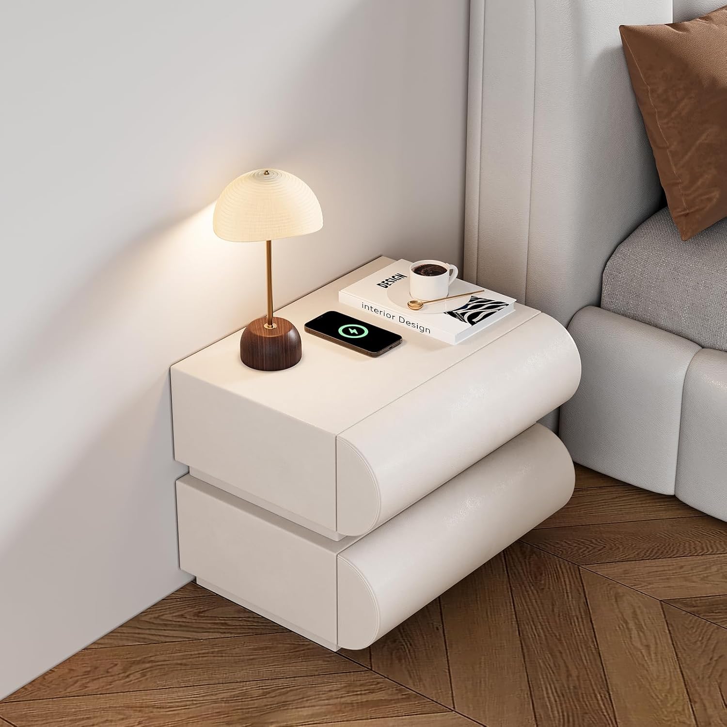 Smart Home Nightstand Modern Light Gray Leather Nightstand with Wireless Charger