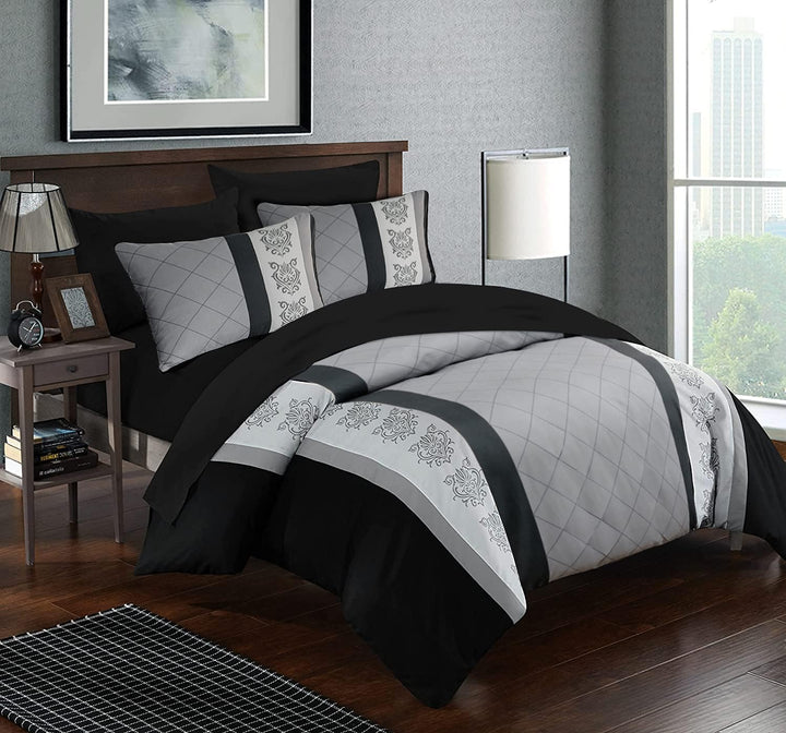 LAZZARO Double Bedding Duvet Cover Sets 3 Pcs with Zipper Closure + 2 Pillowcases - Ultra Soft Hypoallergenic Microfiber Quilt Covers Sets 200X200Cm Black/White/Grey