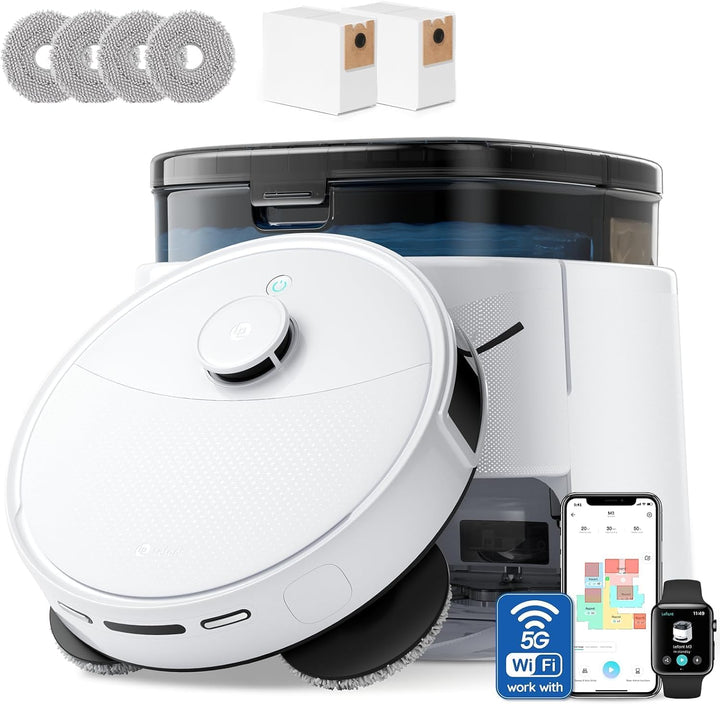 Robotic vacuum cleaner with attachments and smartphone app interface on a white background
