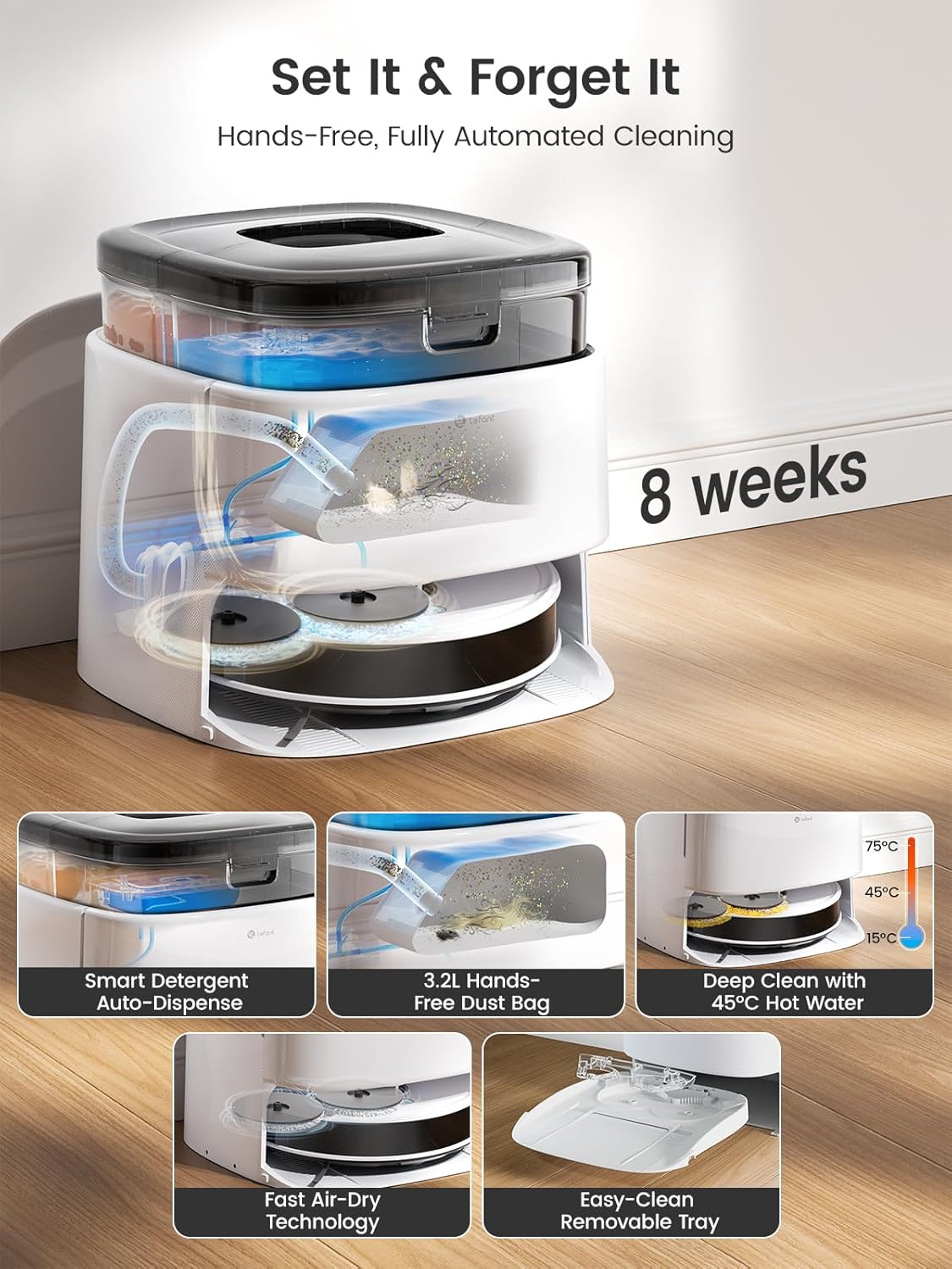 Modern Home Robot Vacuum and Mop Cleaner with Hot Water Self-Cleaning