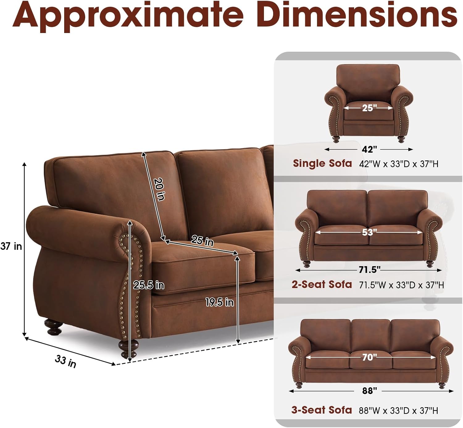 Brown sofa set with dimensions labeled on a white background