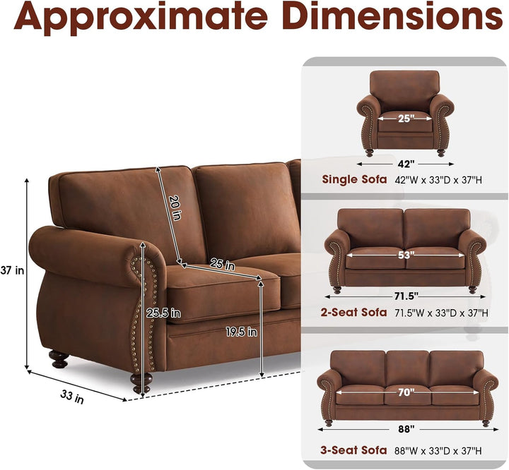 Brown sofa set with dimensions labeled on a white background