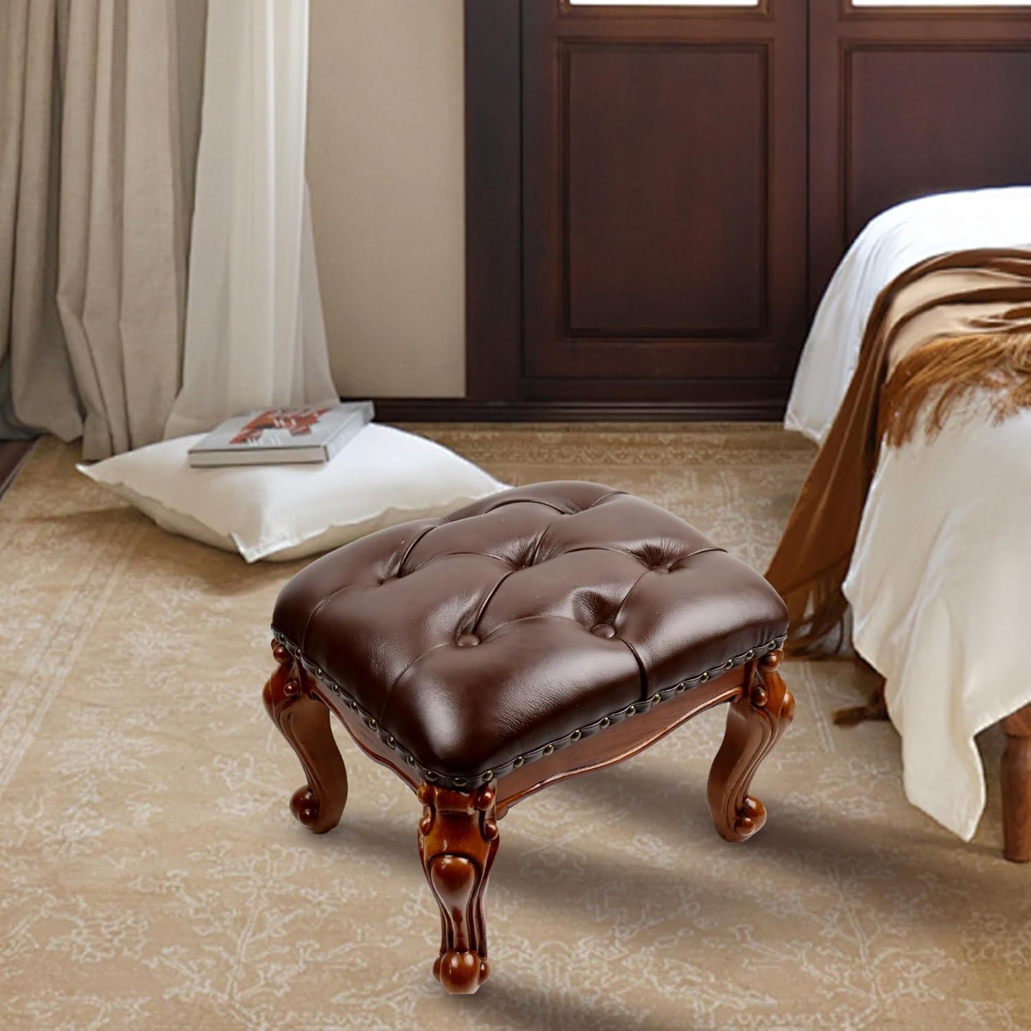 Leather Foot Stool – Small Vintage Ottoman Foot Rest with Wooden Base