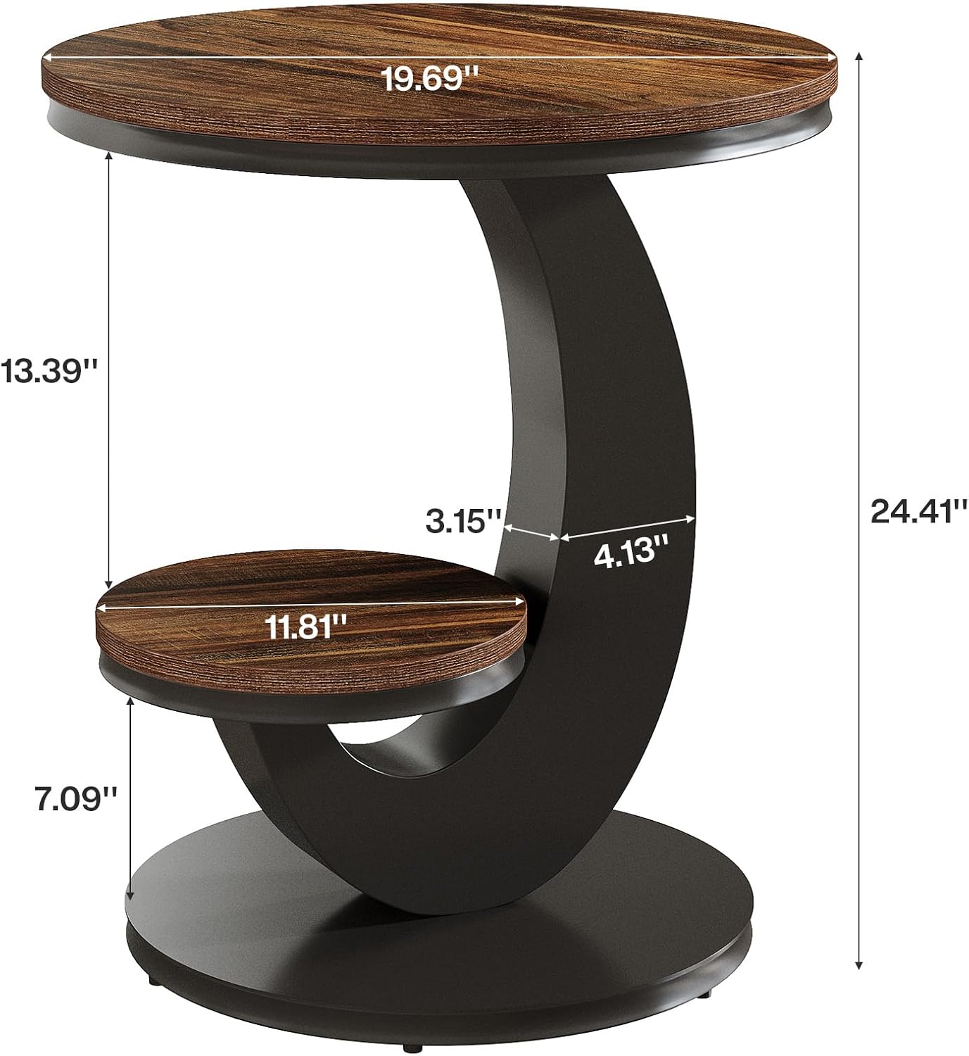 Modern Sofa Side & Bedside Table - Round End Table with 2-Tier Storage Shelf