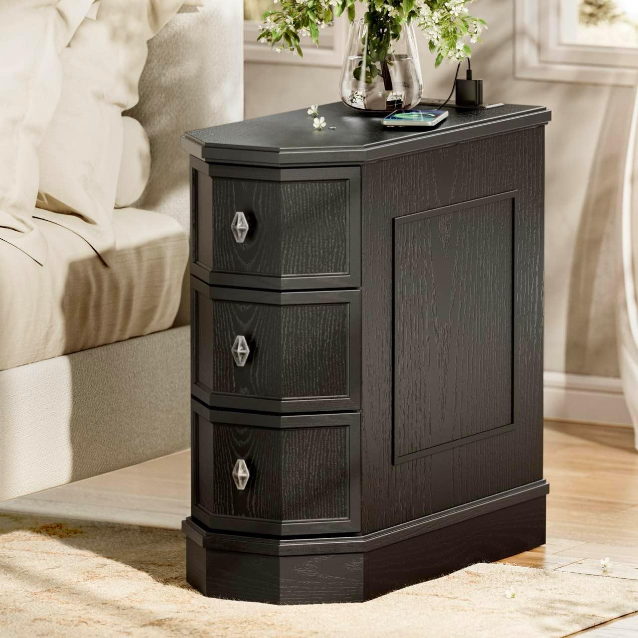 Vintage Nightstand with Charging Station, Vintage Wood End Table with 3 Drawer