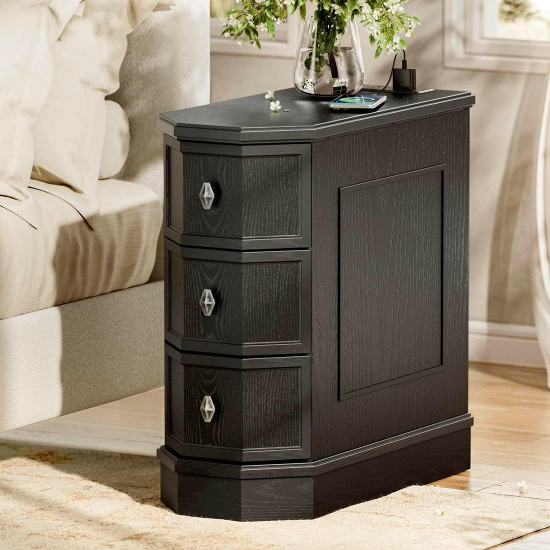 Vintage Nightstand with Charging Station, Vintage Wood End Table with 3 Drawer