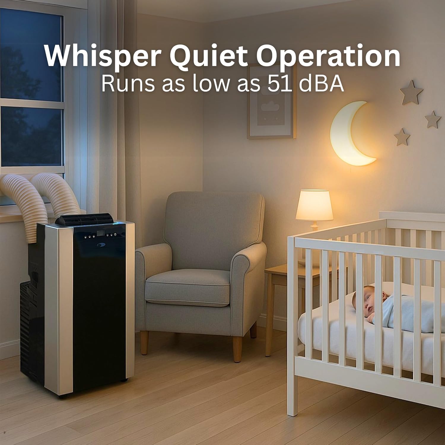 Air purifier in a bedroom with a baby in a crib, emphasizing whisper quiet operation.