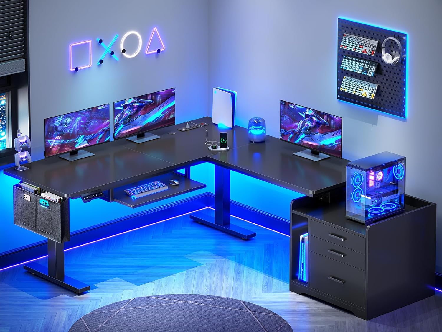 New L-Shaped Electric Standing Desk with Drawers, Power Outlet, Stand up Gaming Table with Led Lights