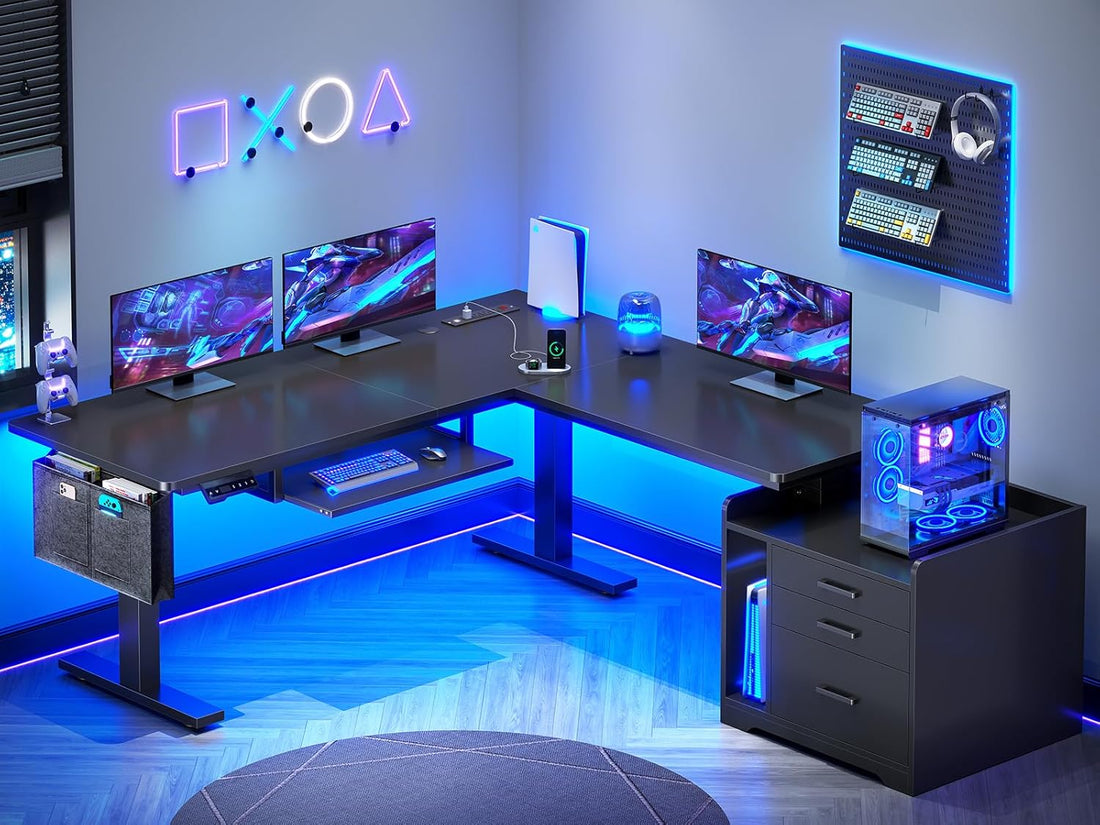 New L-Shaped Electric Standing Desk with Drawers, Power Outlet, Stand up Gaming Table with Led Lights