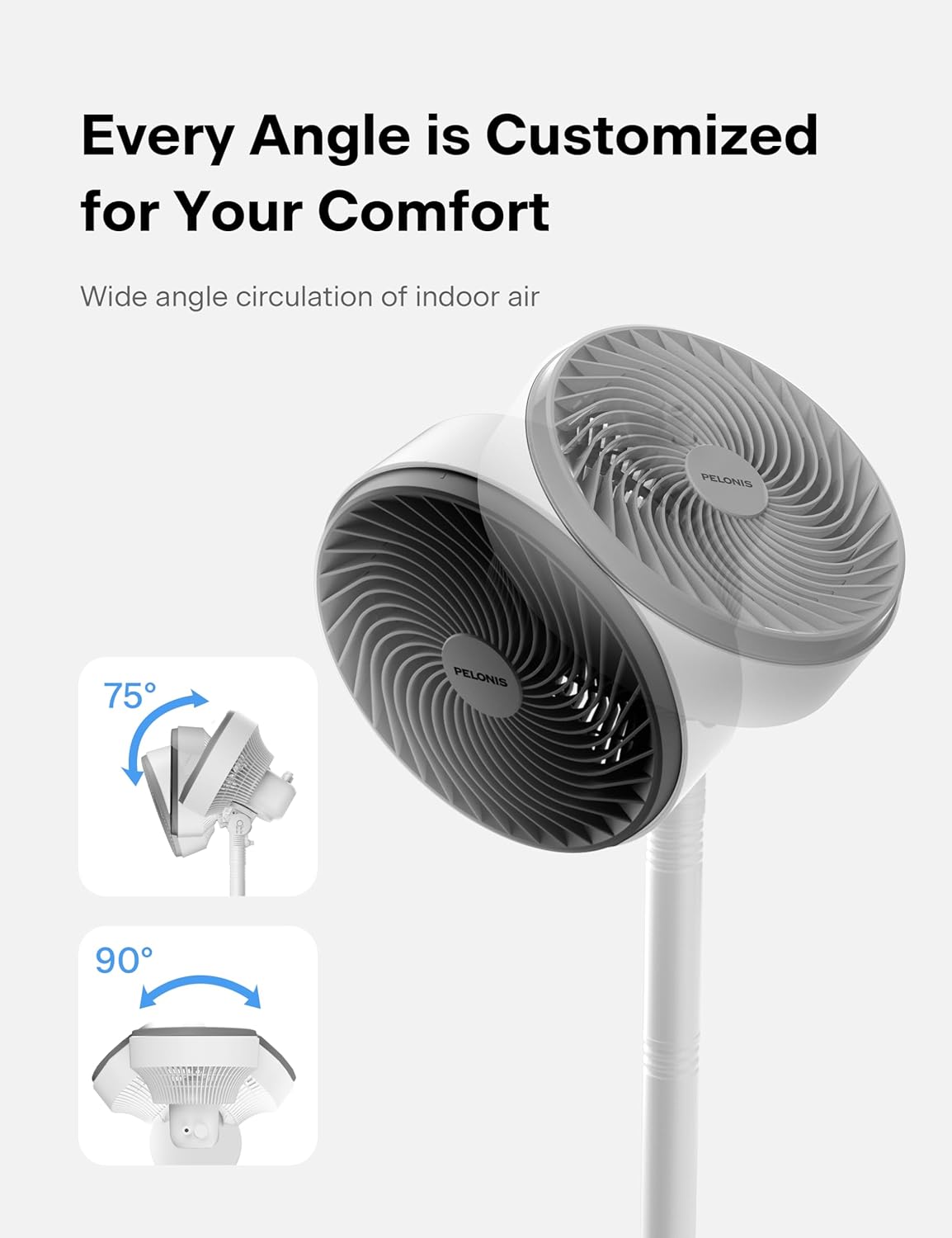 7-Inch Pedestal Air Circulator, Oscillation Fan, 3 Speeds, Adjustable Height (Tabletop/Standing Fan), 75°+90° Oscillation, 5-Blade Quiet Pedestal Fan for Bedroom, Office, Home