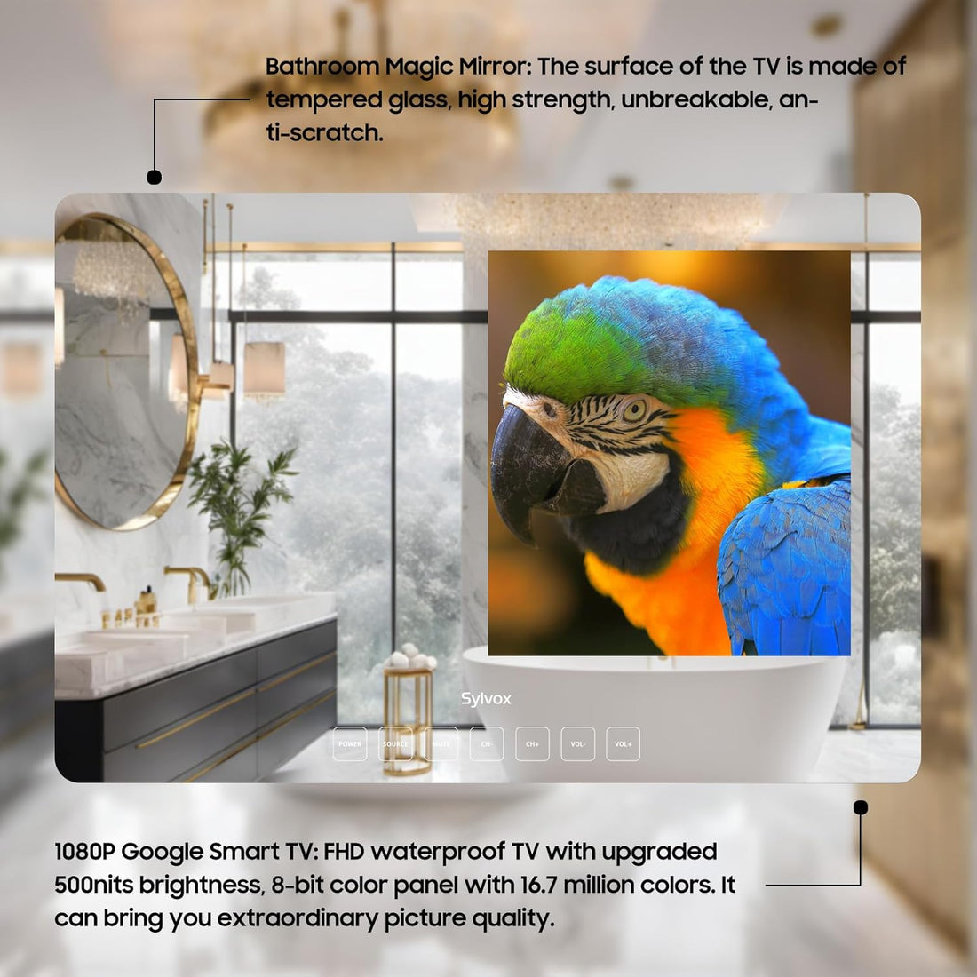 19'' Smart TV Bathroom Magic Mirror Waterproof LED TV 1080P 500NITS High Brightness Dual Front Speakers Wall Mounting Suitable for Bathrooms,Hotels,Saunas