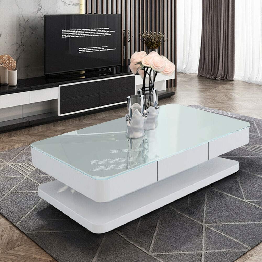 Modern Luxury 2 Drawers Coffee Table for Living Room High Gloss Coffee Table with Black Glass Top Wood Storage Cabinet Table for Living Room Home Office, Black