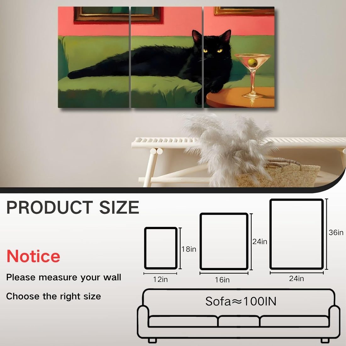 Cat Canvas Wall Art, Black Cat  Wall Decor for Bar, Living Room, Bedroom