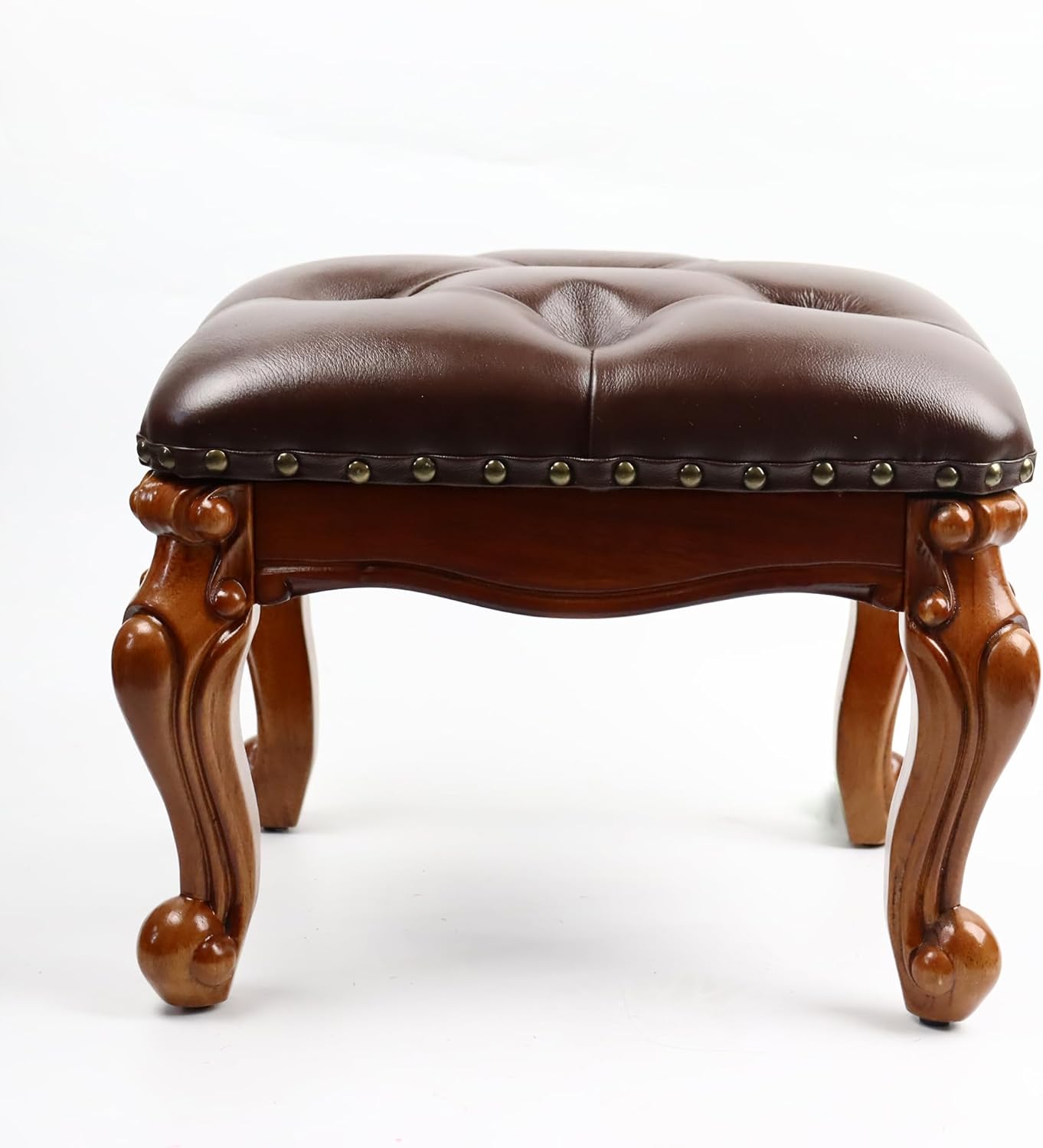 Leather Foot Stool – Small Vintage Ottoman Foot Rest with Wooden Base