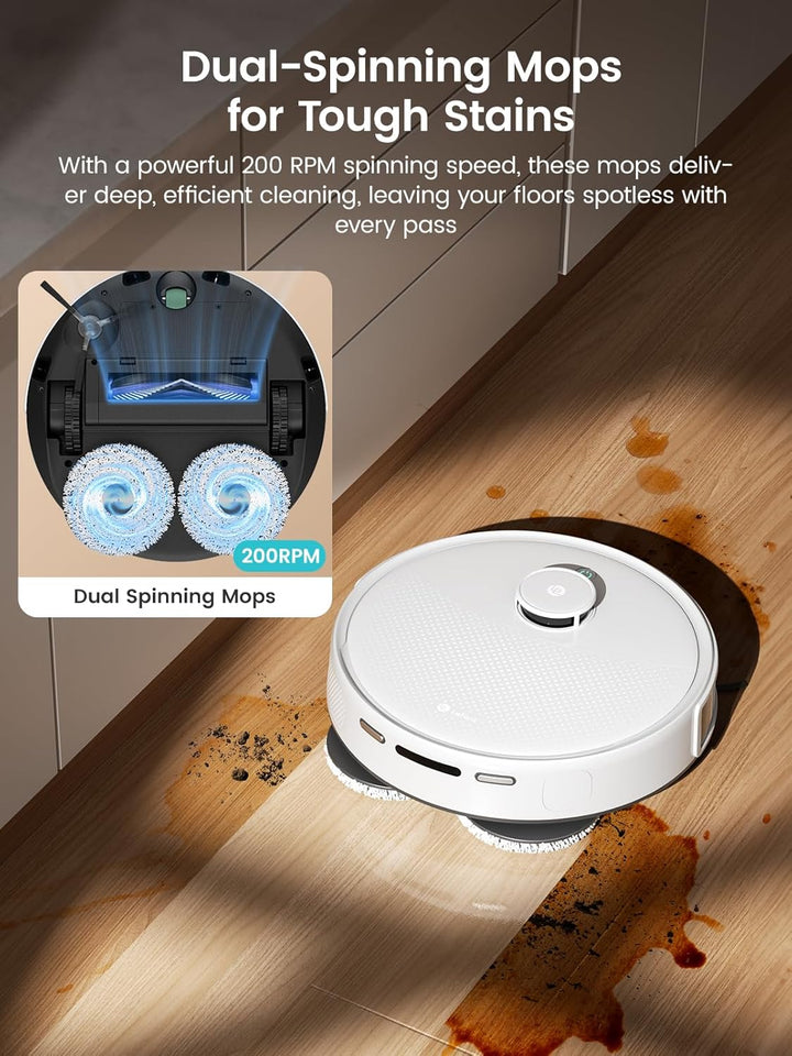 Robotic vacuum cleaner with dual-spinning mops on a wooden floor with stains.