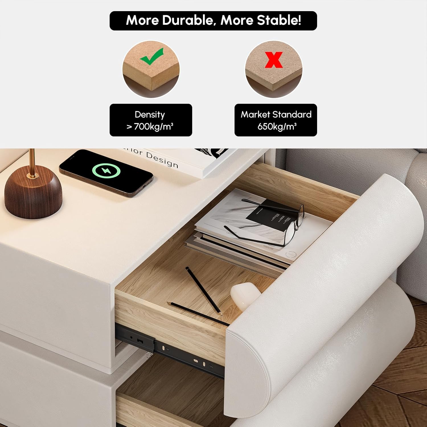Smart Home Nightstand Modern Light Gray Leather Nightstand with Wireless Charger