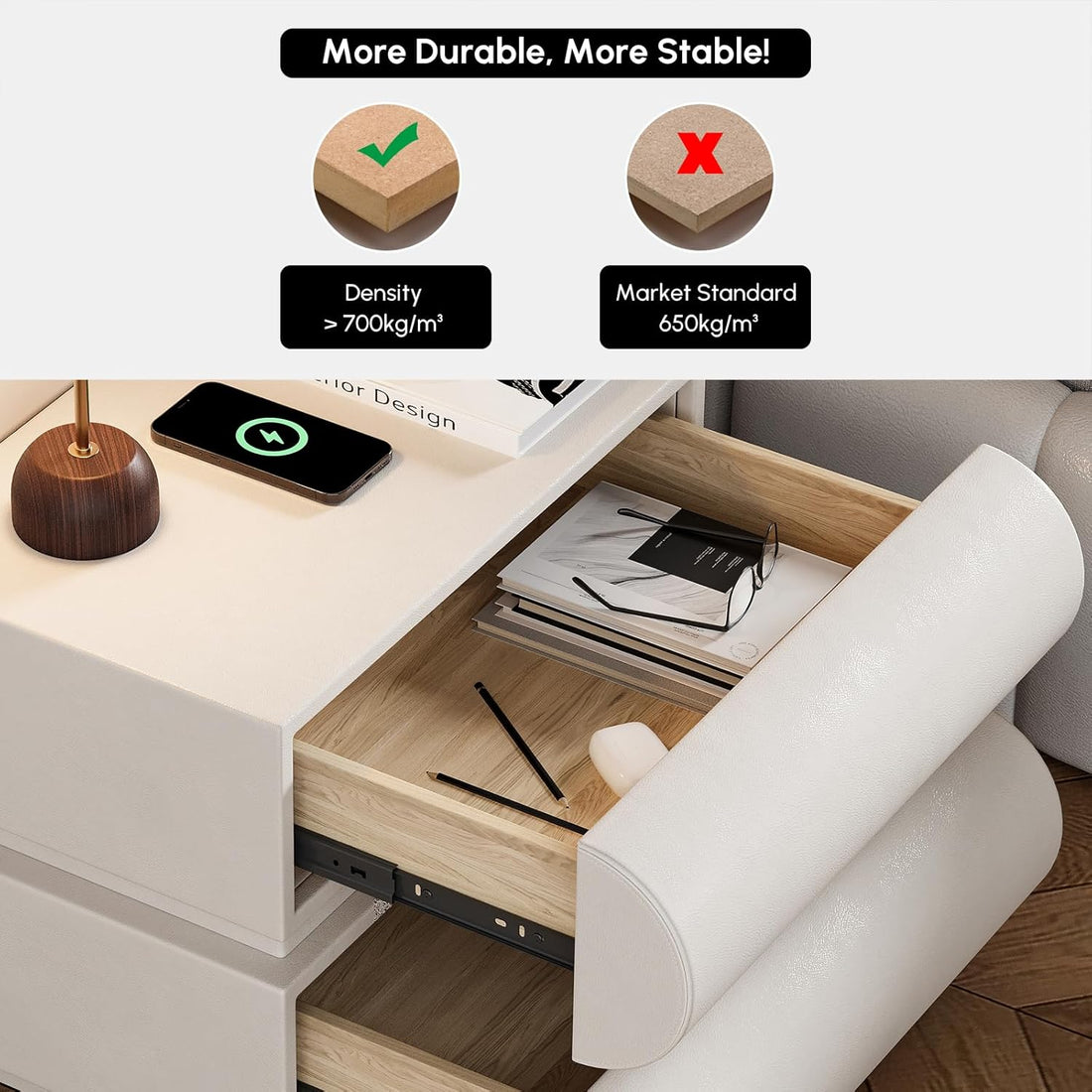 Smart Home Nightstand Modern Light Gray Leather Nightstand with Wireless Charger