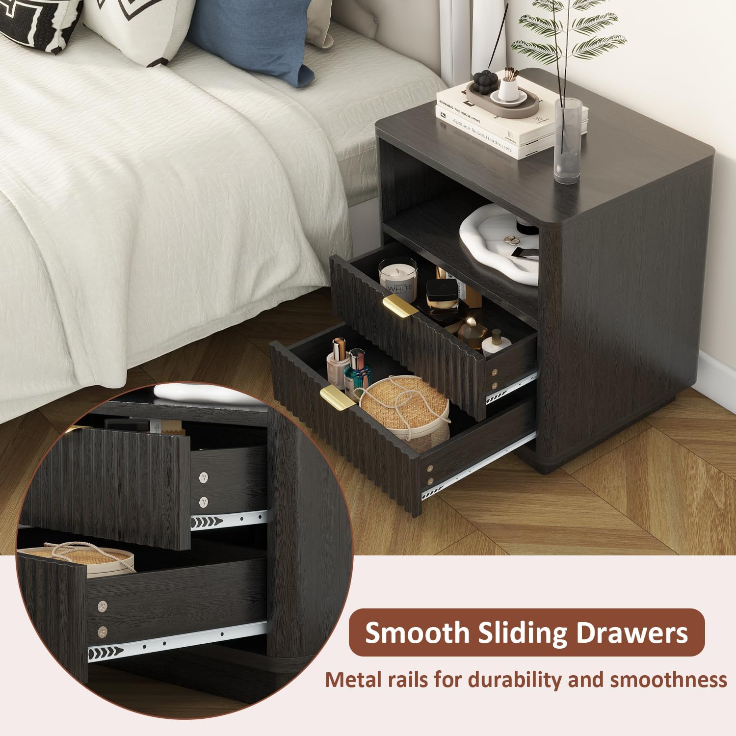 Dark brown wooden nightstand shown beside a bed in a bedroom, with two open sliding drawers containing cosmetics and accessories. The image includes a circular inset close-up of the drawer mechanism and text reading 'Smooth Sliding Drawers' and 'Metal rails for durability and smoothness.