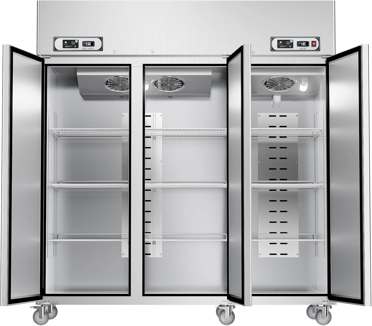 A stainless steel three-door commercial refrigerator with doors open, showing three interior compartments with adjustable wire shelves, cooling fans, and caster wheels.