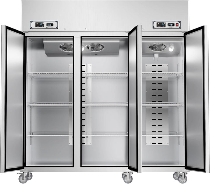 A stainless steel three-door commercial refrigerator with doors open, showing three interior compartments with adjustable wire shelves, cooling fans, and caster wheels.