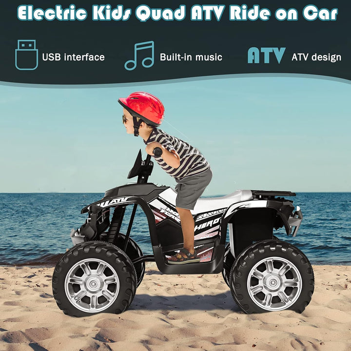 New 2024 Electric Quad Bike, Children Ride on ATV with Bluetooth, Lights, Music, Horn, High/Low Speeds and Slow Start, 12 V Battery Powered Toy Car for 3-7 Years Boys Girls (Black)