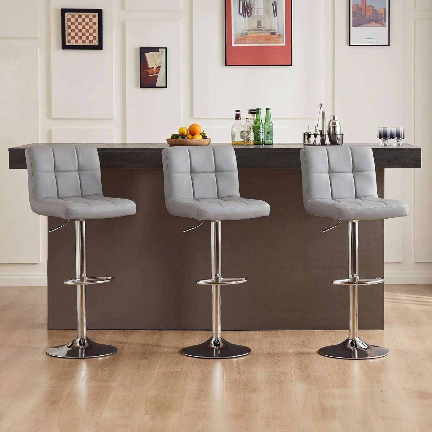 Bar Stools Set of 4, 24 Inch Counter Height Bar Stools, Upholstered Modern Kitchen Barstools with Metal Base, PU Leather Saddle Stools for Kitchen Island, Inky Black