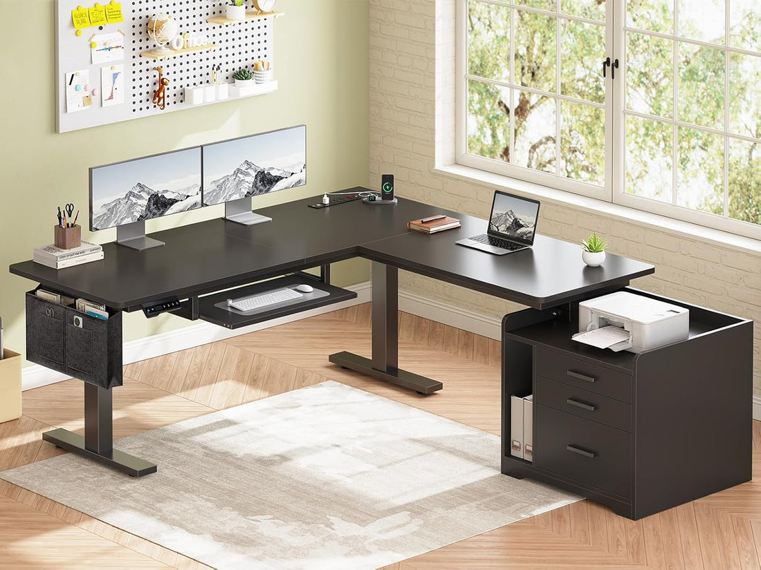 New L-Shaped Electric Standing Desk with Drawers, Power Outlet, Stand up Gaming Table with Led Lights