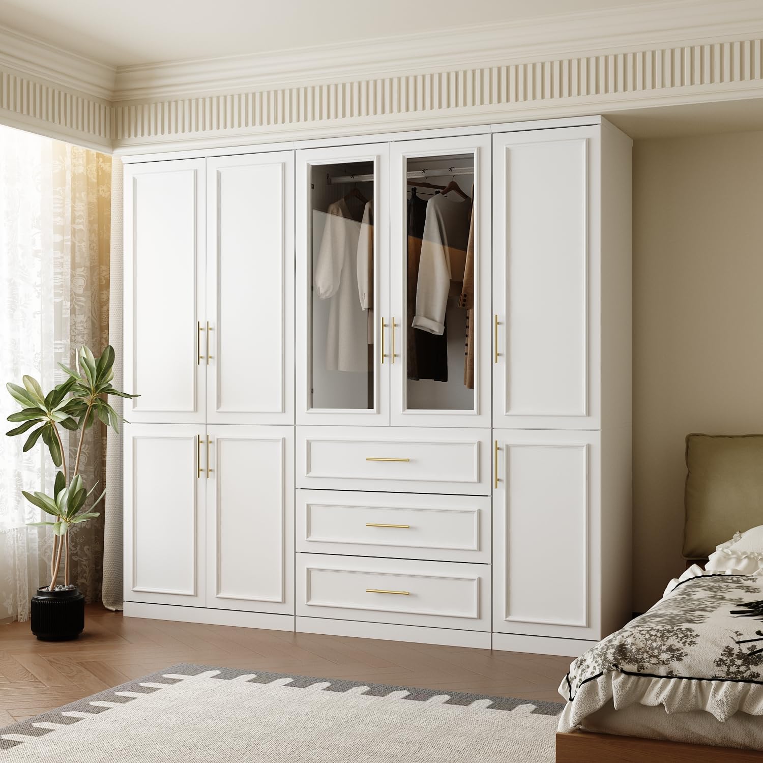 New home Wardrobe Closet Collection with Doors – Modern White Bedroom Armoire with Gold Handles