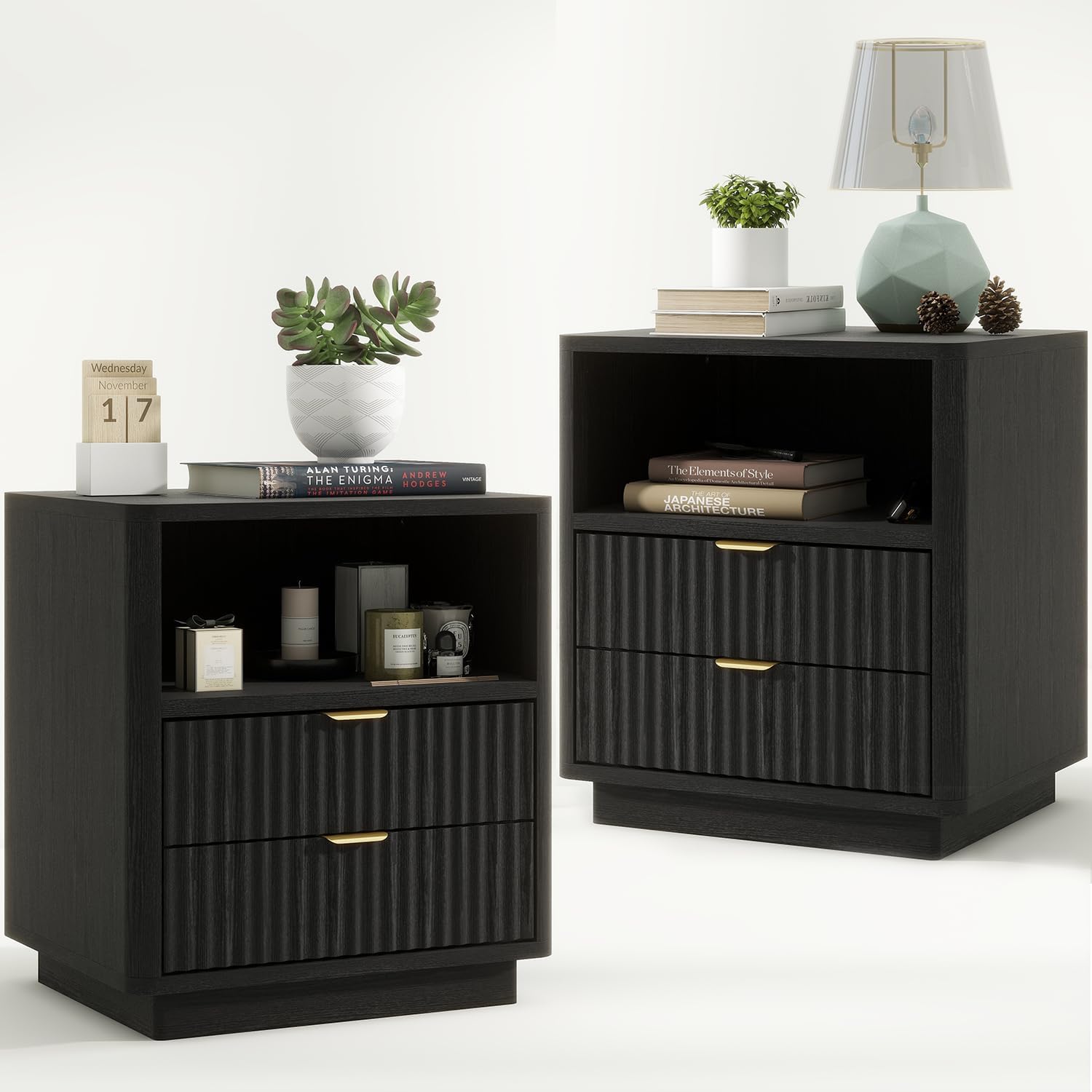 Black Fluted Nightstands Set of 2 with 2 Drawers & Open Shelves