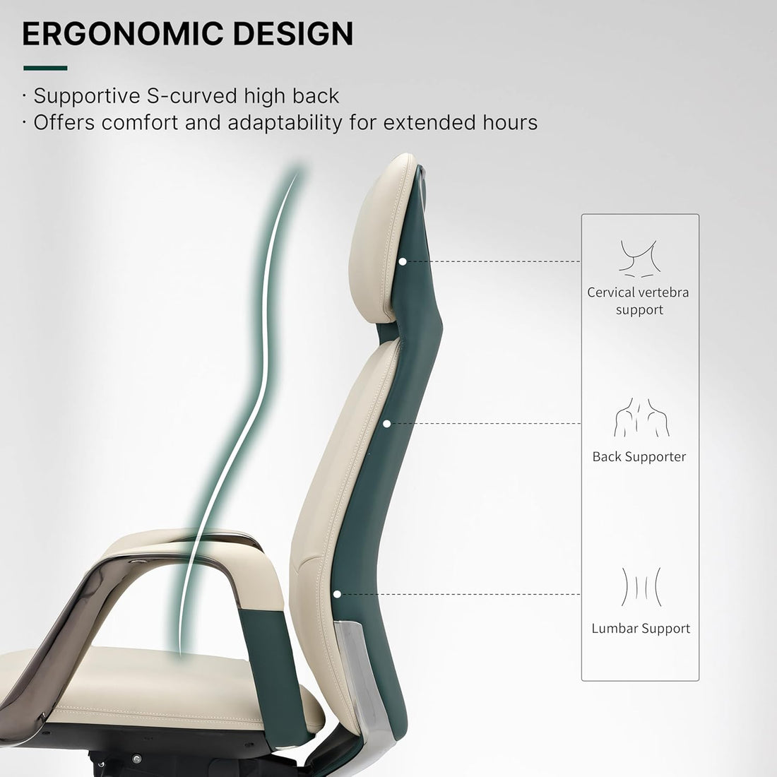 Ergonomic office chair with text highlighting supportive features on a white background